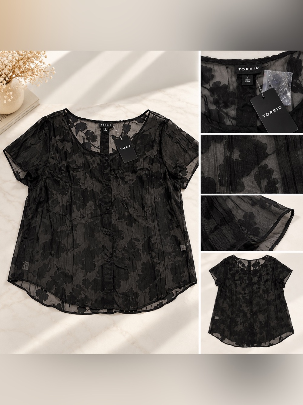 torrid Black Floral Sheer Short Sleeve Blouse